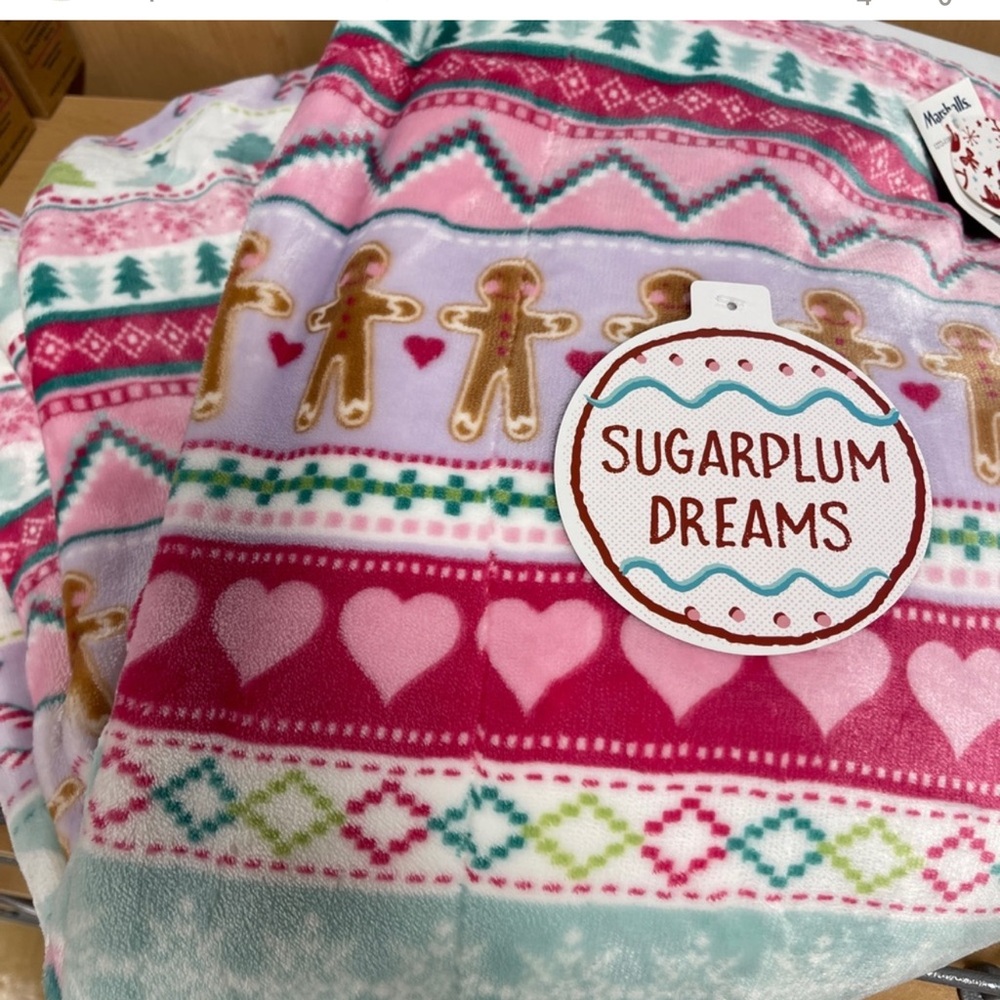 Pink Christmas Gingerbread Heart Fair Isle Sherpa Plush Blanket 50x60 NWT